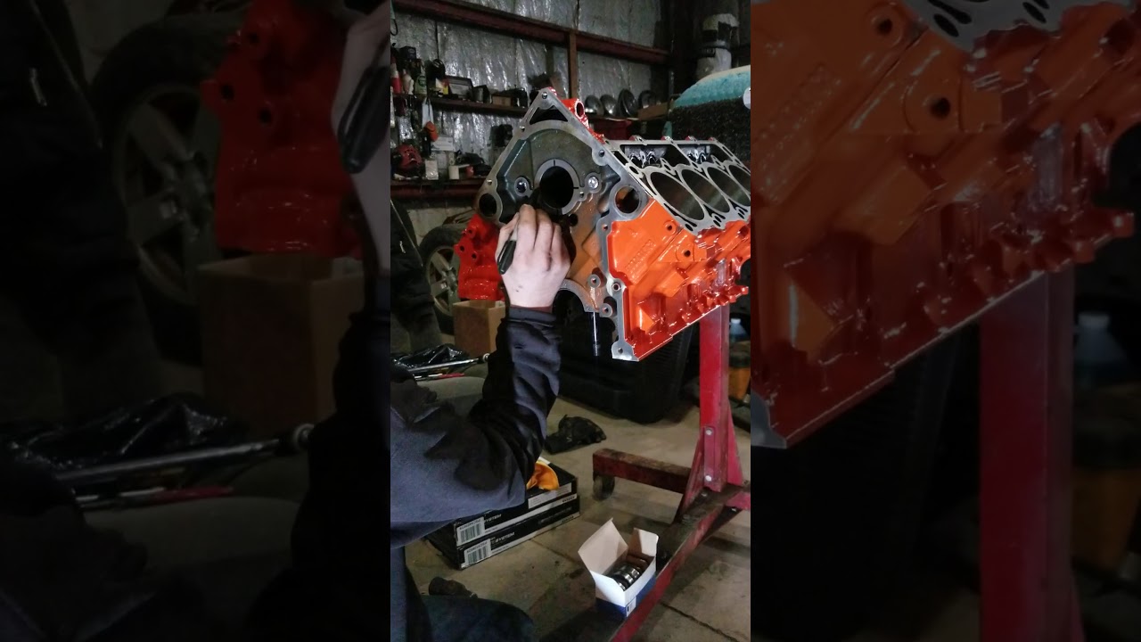 5.7 HEMI engine on a stand in the shop